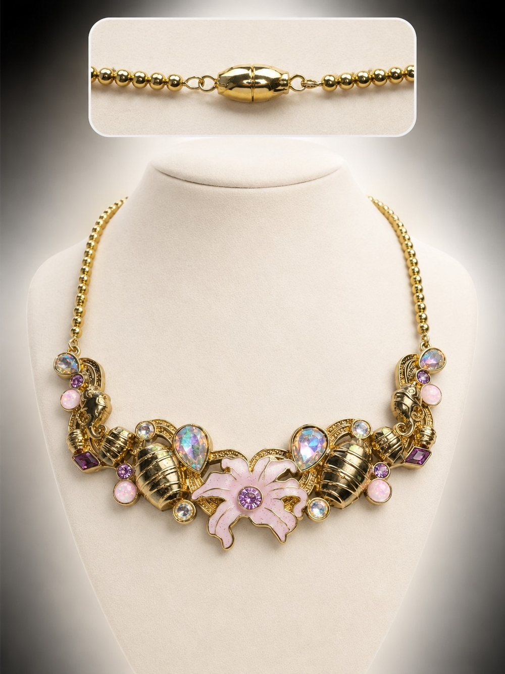 Gold Floral Statement Necklace with Pink Accents by
